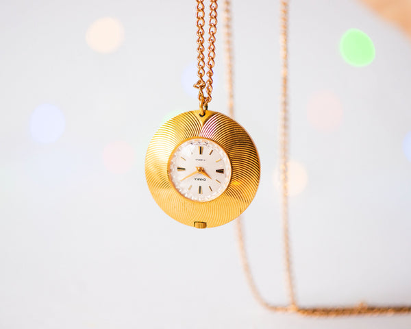 Women's watch necklace Seagull gold plated round, tiny swirl pattern necklace watch, lady watch pendant minimalist delicate watch vintage