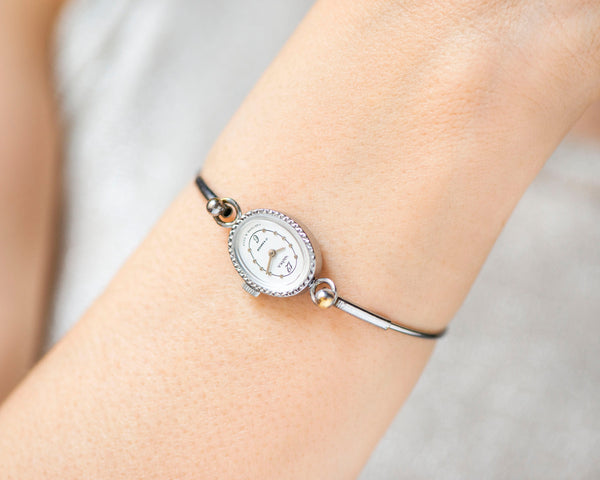 Women cocktail watch bracelet Seagull, lady wristwatch tiny silver shade vintage, oval classic lady watch tiny bangle, delicate watch gift