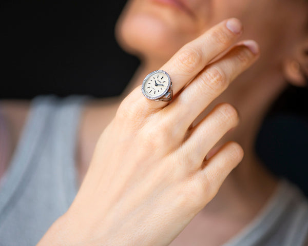 Unused women watch ring silver shade Seagull vintage, chic lady ring watch cocktail, oval ring watch jewelry gift her minimalist size 7