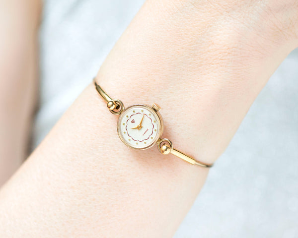 Women's Watch Ring Bracelet Vintage, Women's Wristwatch Round, Gold Plated Watch Seagull, Tiny Cocktail Watch, Delicate Womens Watch Gift