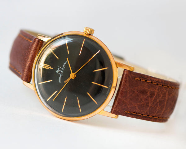 Slim unisex watch vintage, gold plated men watch Ray, black oversized women watch gift, classic watch minimalist, new premium leather strap