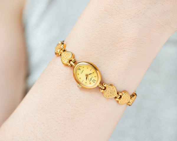 Yellow Women's Cocktail Watch Quartz Ray, Hearts pattern bracelet wristwatch for lady vintage, oval dial watch gift, gold shade jewelry chic