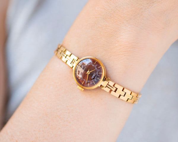 Women's watch bracelet Glory dark burgundy dial, lady wristwatch gold plated jewelry vintage, classic cocktail watch, tiny woman watch gift