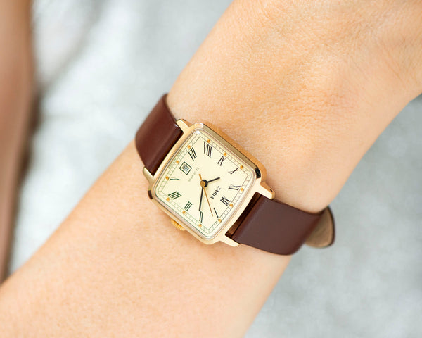 Women's watch unused tank Roman numerals Dawn vintage, square watch gold plated, women's watch classic jewelry gift, new luxury leather band