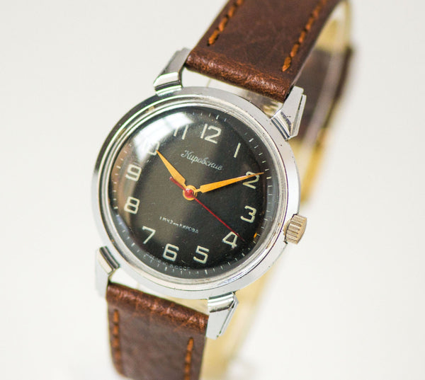 Black men's wristwatch Kirovskie, military watch him mid century USSR, simple men watch 50s, classy men's watch, new premium leather strap